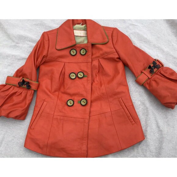 Vtg Lux Imported Turkey Bennys Orange Leather Coat Silk Lined Designer Girls 5 6 - Picture 7 of 16